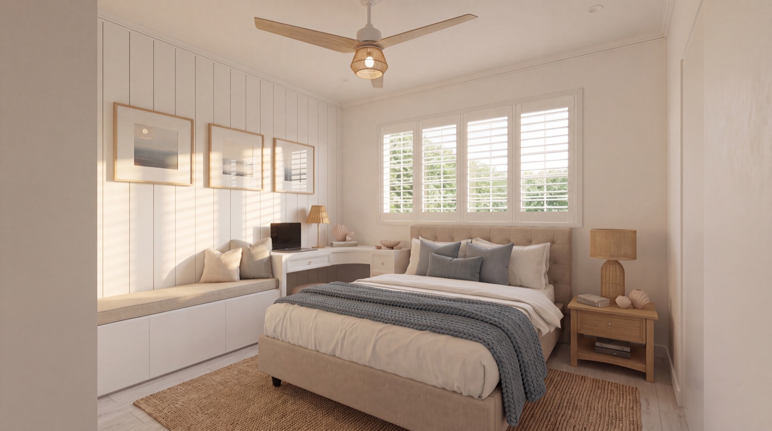 EVOKE Coastal Luxe Bedroom — window seat