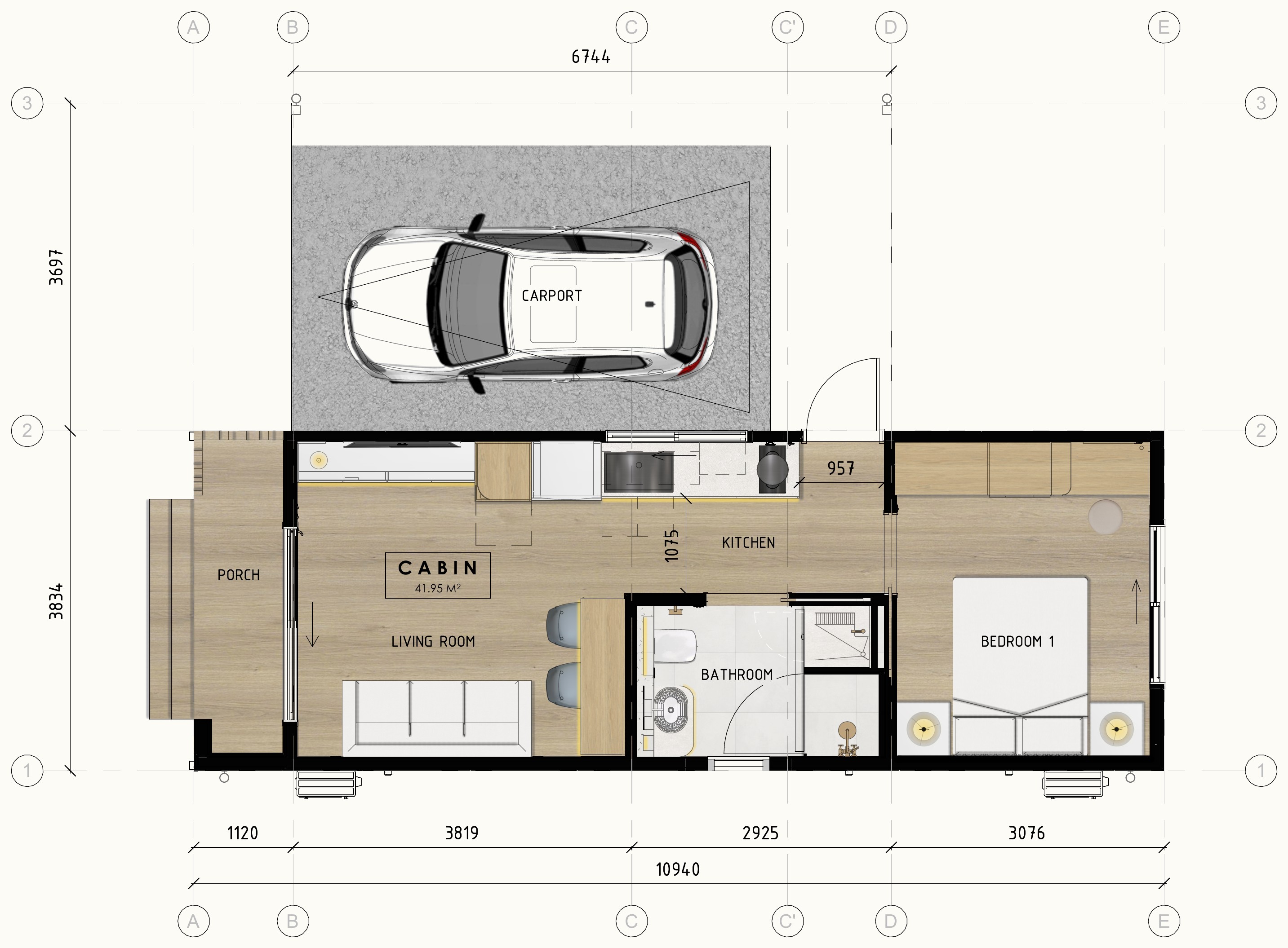 NOMI floor plan — 41.95 m² cabin, 24.99 m² carport